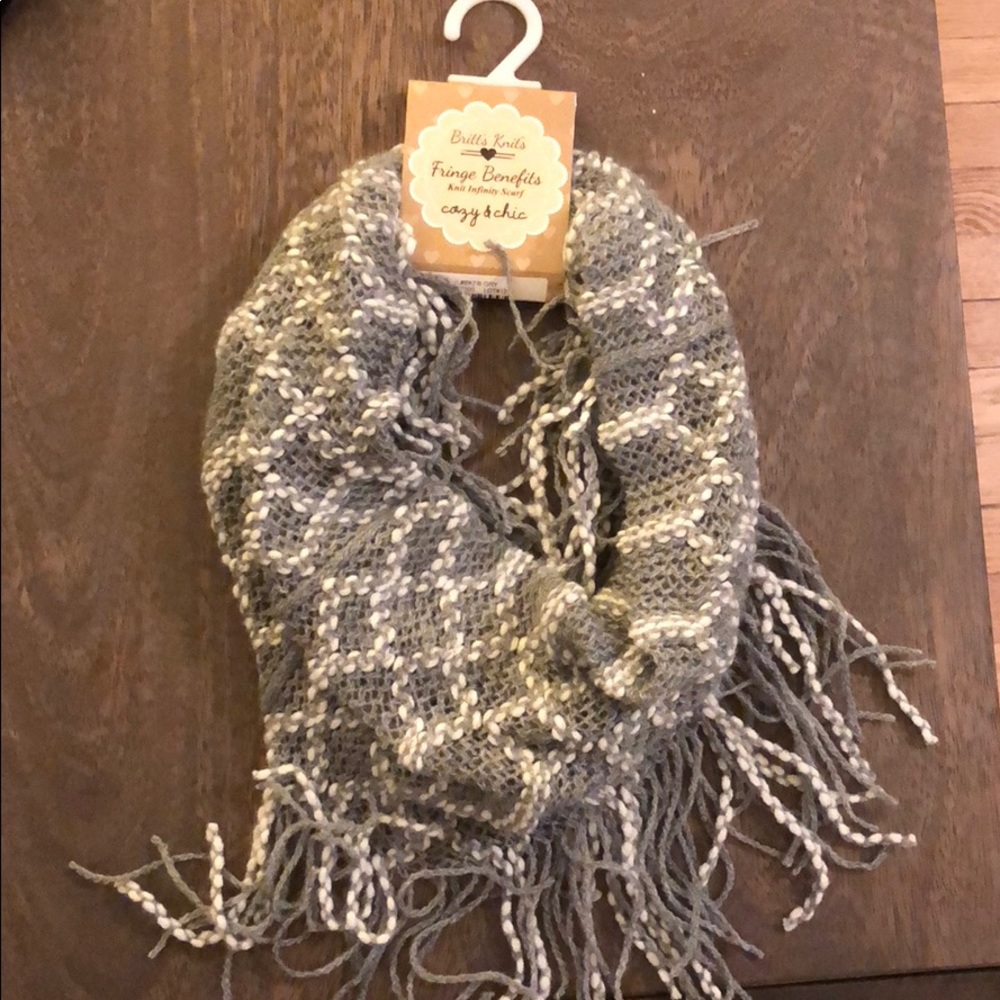 Gray and white knit infinity scarf
